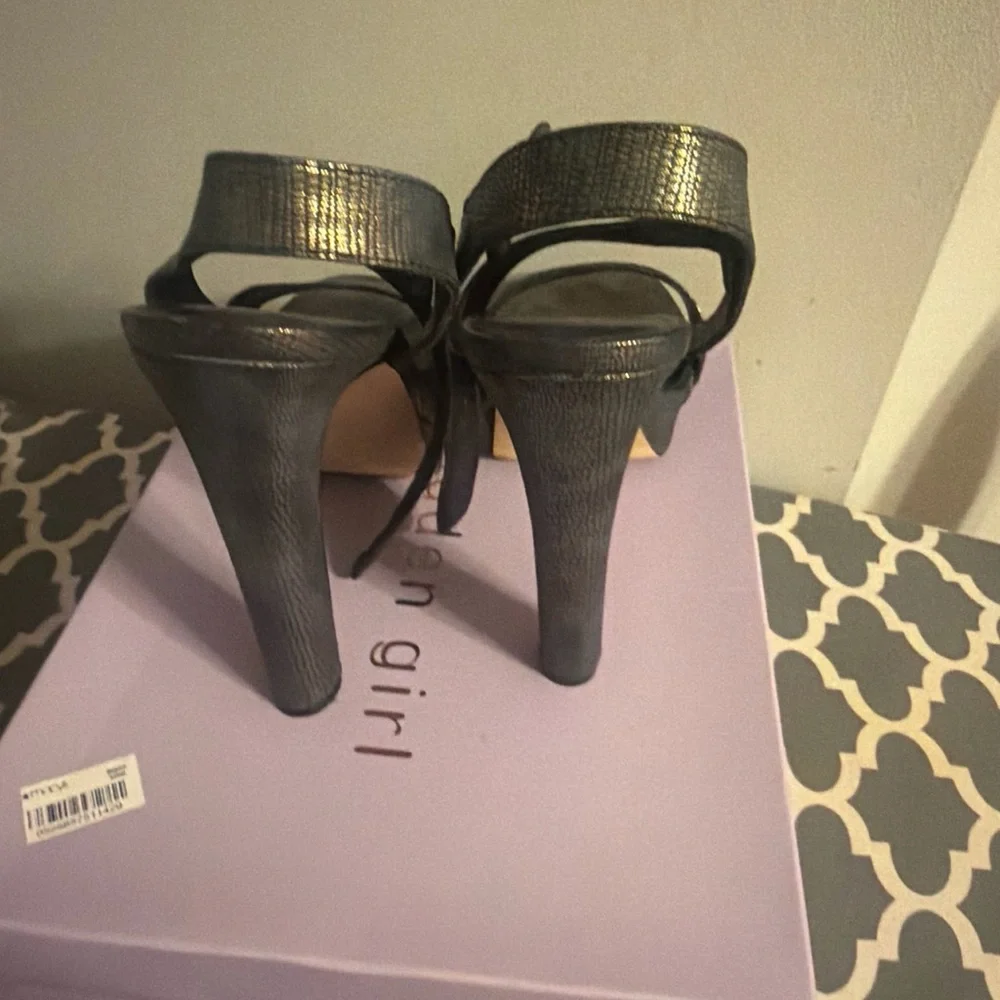 Madeline Metallic Gunmetal Crisscross Heeled Sandals